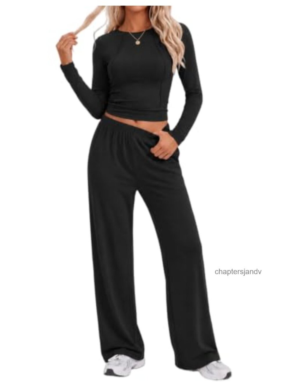 Ekouaer Women's 2 Piece Lounge Set Crew Neck Top Wide Leg Pants